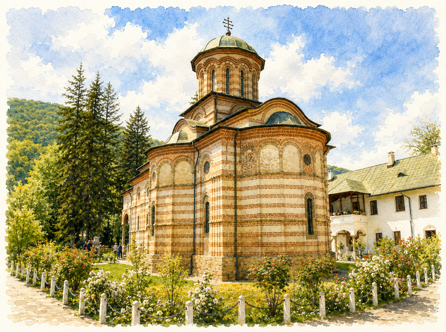Monasterio de Oltenia rodeado de bosque, vista aérea